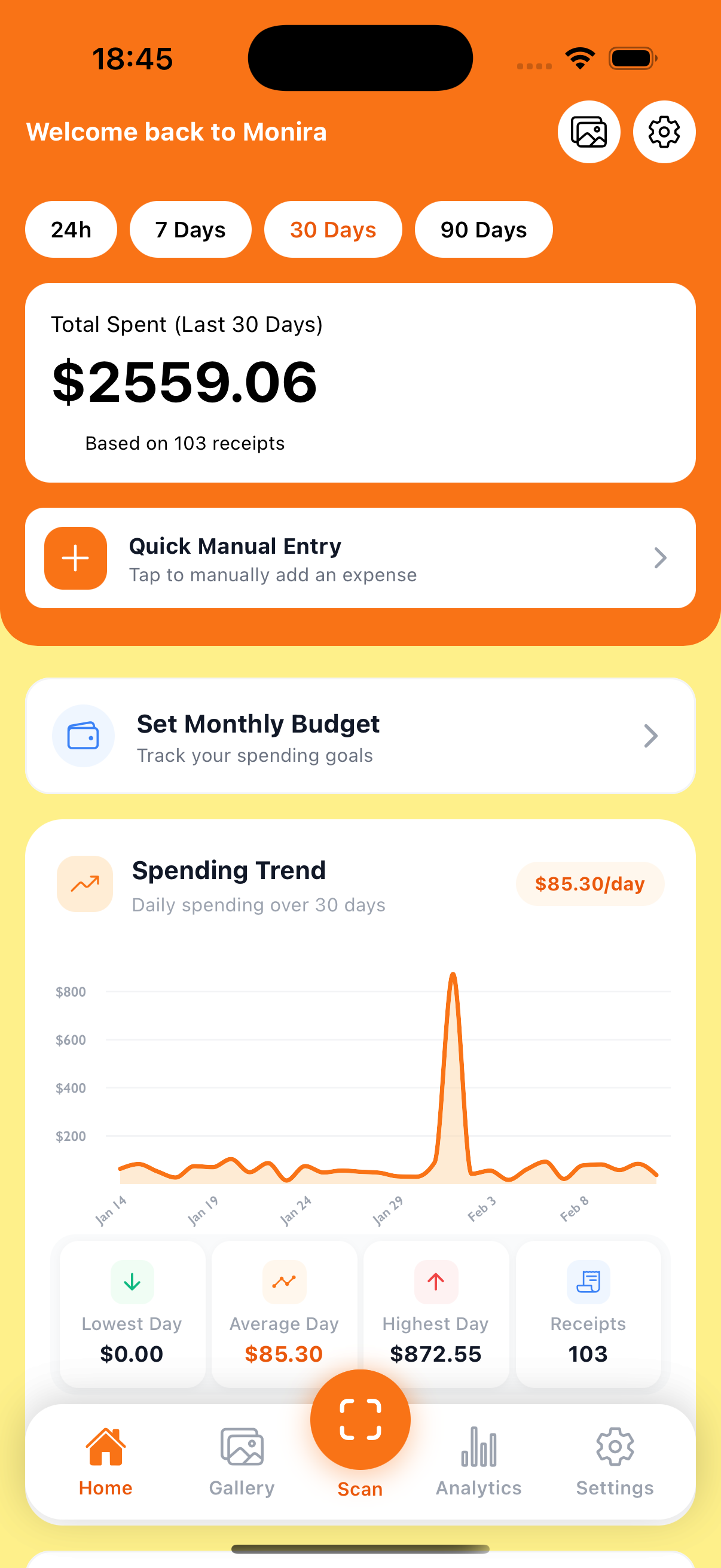 Monira kvittoskanner app dashboard